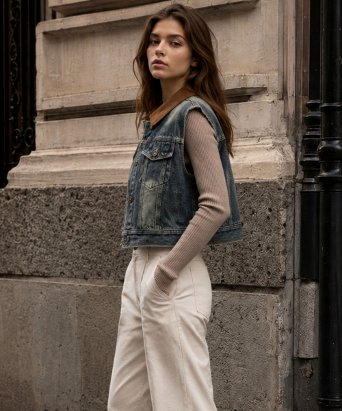 VASCARA(バスカラ)の「Vintage Washed Color-Blocked Collar Cropped Denim Vest(ベスト・レディース・ダークブルー・FREE)」の3枚目の写真