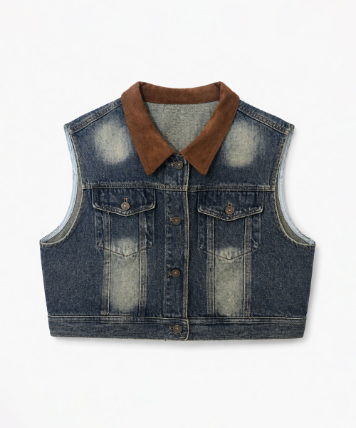 VASCARA(バスカラ)の「Vintage Washed Color-Blocked Collar Cropped Denim Vest(ベスト・レディース・ダークブルー・FREE)」の4枚目の写真
