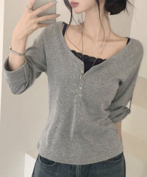 ロールアップスリーブ ヘンリーネックロングTシャツ