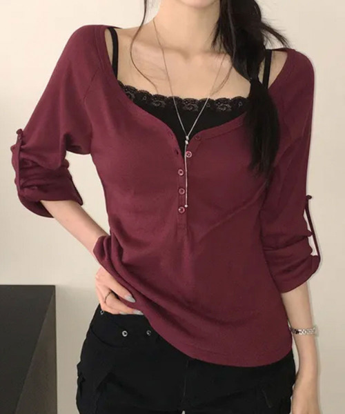 VIVID LADY(ビビッドレディー)の「ロールアップスリーブ ヘンリーネックロングTシャツ(Tシャツ/カットソー・レディース・カーキ/グレー/ワイン/ブラック/ミント/アイボリー・FREE)」の6枚目の写真