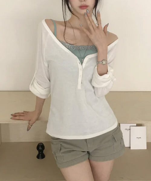 VIVID LADY(ビビッドレディー)の「ロールアップスリーブ ヘンリーネックロングTシャツ(Tシャツ/カットソー・レディース・カーキ/グレー/ワイン/ブラック/ミント/アイボリー・FREE)」の8枚目の写真