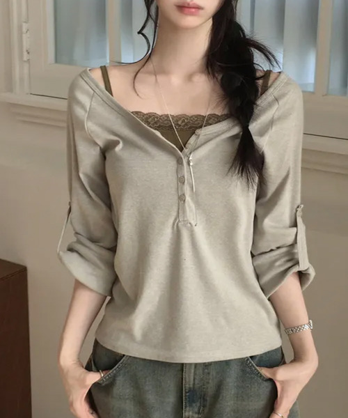 VIVID LADY(ビビッドレディー)の「ロールアップスリーブ ヘンリーネックロングTシャツ(Tシャツ/カットソー・レディース・カーキ/グレー/ワイン/ブラック/ミント/アイボリー・FREE)」の20枚目の写真