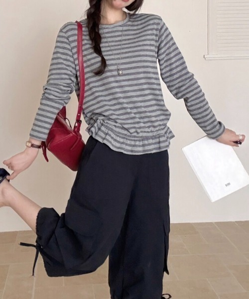 FAVORITO(ファヴォリート)の「クルーネックボーダーTEE(Tシャツ/カットソー・レディース・ベージュ/グレー/ピンク/グリーン・F)」の2枚目の写真