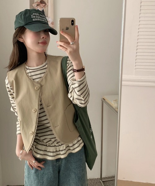 FAVORITO(ファヴォリート)の「クルーネックボーダーTEE(Tシャツ/カットソー・レディース・ベージュ/グレー/ピンク/グリーン・F)」の6枚目の写真