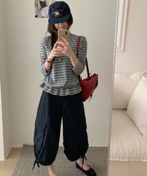 FAVORITO(ファヴォリート)の「クルーネックボーダーTEE(Tシャツ/カットソー・レディース・ベージュ/グレー/ピンク/グリーン・F)」の5枚目の写真