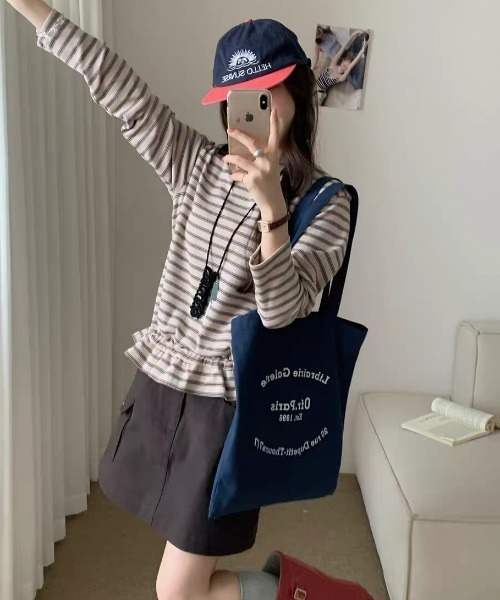 FAVORITO(ファヴォリート)の「クルーネックボーダーTEE(Tシャツ/カットソー・レディース・ベージュ/グレー/ピンク/グリーン・F)」の9枚目の写真