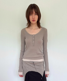 DIAGONAL（ダイアゴナル）の「レイヤードヘンリーネックTシャツ（モカ）（Tシャツ/カットソー）」