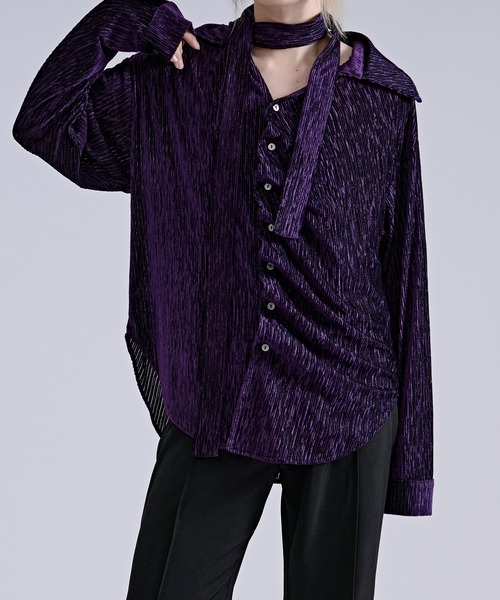 Ellno Loset(エルノロゼット)の「【SEME】lame velours tuck shirt with tie(シャツ/ブラウス・メンズ・パープル/ブラック・MEDIUM/SMALL/LARGE)」の1枚目の写真