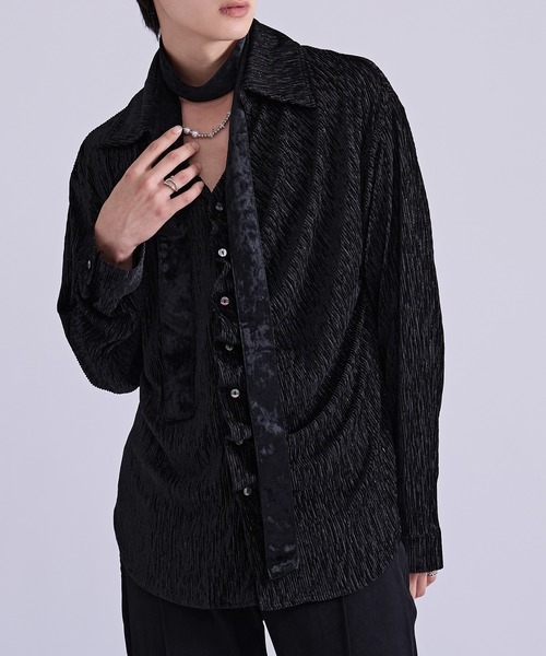 Ellno Loset(エルノロゼット)の「【SEME】lame velours tuck shirt with tie(シャツ/ブラウス・メンズ・パープル/ブラック・MEDIUM/SMALL/LARGE)」の2枚目の写真