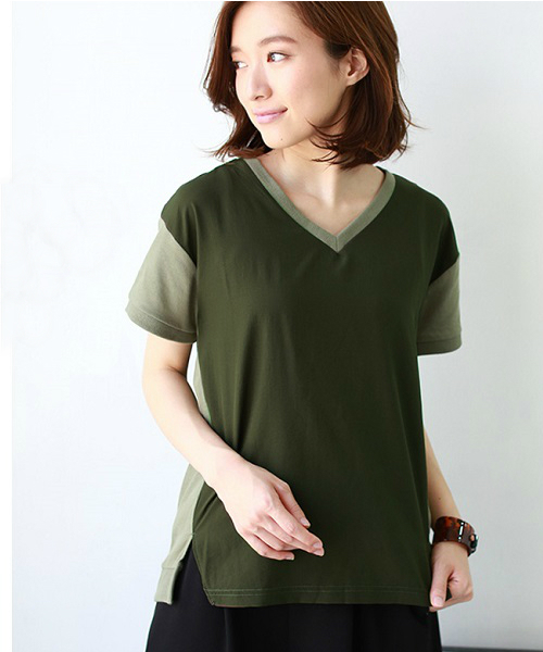 REAL CUBE（リアルキューブ）の「Blanchechou フロント切替えVネックトップス（Tシャツ/カットソー・レディース・カーキ/ライトグレー/オフホワイト・M）」の3枚目の写真