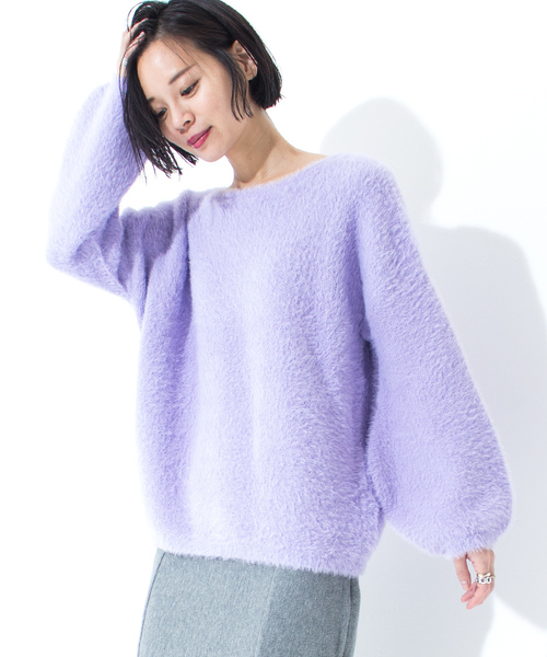 Furryrate(ファーリーレート)の「フェザーヤーンパフスリーブニットプルオーバー【シャギーニット】 (ニット/セーター・レディース・ライトグレー/ブラウン/グリーン/アイボリー/グレー系その他/サックスブルー/ラベンダー・FREE)」の7枚目の写真