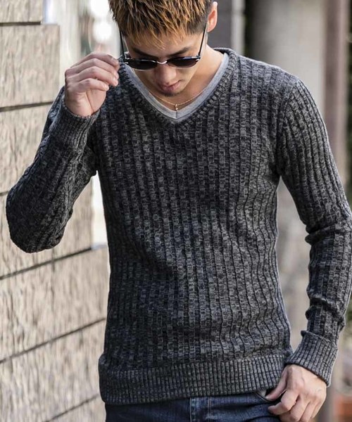 A.S.M（エーエスエム）の「コットンワイドリブ ／ Vネック セーター（ニット/セーター・メンズ・オフホワイト/ブラック/チャコールグレー/ライトグレー/カーキ/ネイビー/キャメル/ワインレッド・48/50）」の5枚目の写真