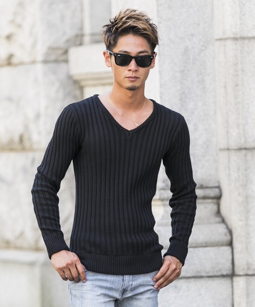 A.S.M（エーエスエム）の「コットンワイドリブ ／ Vネック セーター（ニット/セーター・メンズ・オフホワイト/ブラック/チャコールグレー/ライトグレー/カーキ/ネイビー/キャメル/ワインレッド・48/50）」の4枚目の写真