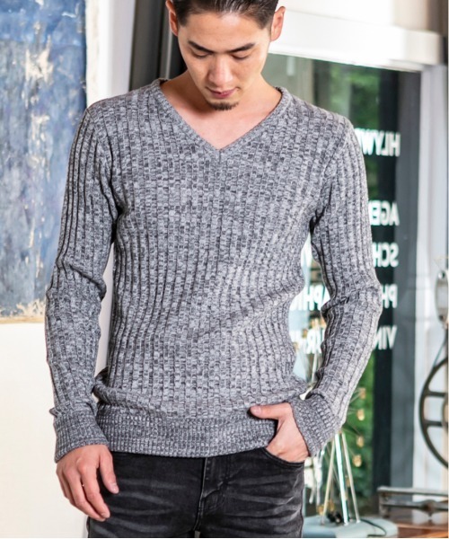 A.S.M（エーエスエム）の「コットンワイドリブ ／ Vネック セーター（ニット/セーター・メンズ・オフホワイト/ブラック/チャコールグレー/ライトグレー/カーキ/ネイビー/キャメル/ワインレッド・48/50）」の6枚目の写真