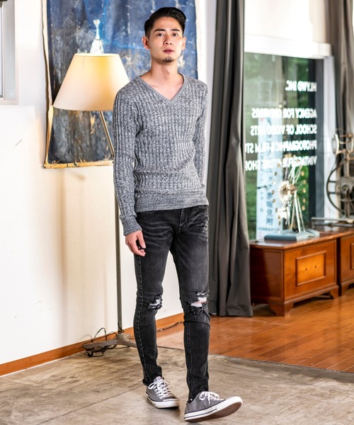 A.S.M（エーエスエム）の「コットンワイドリブ ／ Vネック セーター（ニット/セーター・メンズ・オフホワイト/ブラック/チャコールグレー/ライトグレー/カーキ/ネイビー/キャメル/ワインレッド・48/50）」の11枚目の写真