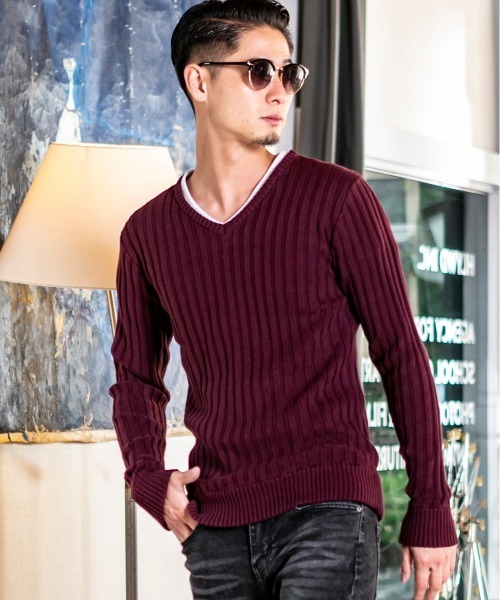 A.S.M（エーエスエム）の「コットンワイドリブ ／ Vネック セーター（ニット/セーター・メンズ・オフホワイト/ブラック/チャコールグレー/ライトグレー/カーキ/ネイビー/キャメル/ワインレッド・48/50）」の14枚目の写真