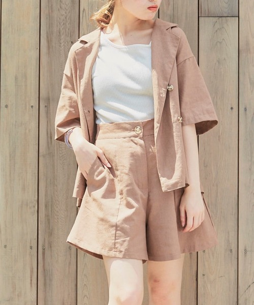 VANNIE U（ヴァニーユー）の「リネンブレンドダブルシャツジャケット（テーラードジャケット・レディース・ベージュ/ブラウン/モカ・FREE）」の3枚目の写真