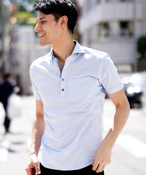 MICHEL KLEIN HOMME (ミッシェルクランオム)の「ポロシャツ(へリンボンジャガード)(Tシャツ/カットソー・メンズ・ライトブルー/ホワイト/ブラック・46/48/51/52)」の1枚目の写真