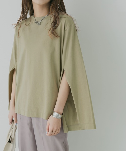 KBF+(ケービーエフプラス)の「KBF+ 袖スリットプルオーバー(Tシャツ/カットソー・レディース・チャコールグレー/オフホワイト/ライトカーキ・ONE)」の22枚目の写真