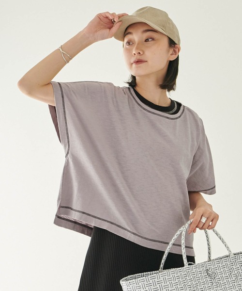 Forksy ワンピース ドレス 配色ステッチレイヤードワンピース スラブオーバーサイズtシャツ リブノースリーブワンピース ワンピース Forksy フォルクシー のファッション