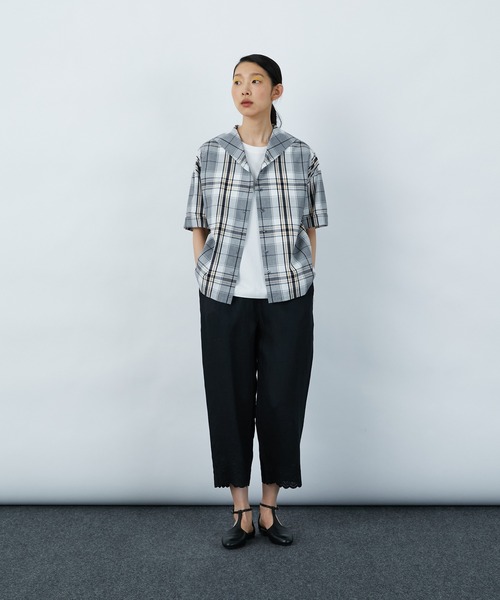 美品 LOISIR ロワズィール コットンリネン チェックバンドカラーシャツ 美品 LOISIR ロワズィール コットンリネン チェックバンドカラー