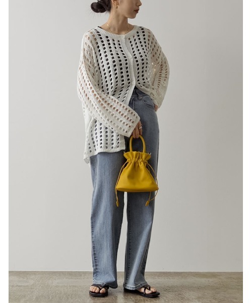 Re:EDIT（リエディ）の「2WAYメッシュ編みニットカーディガン（カーディガン/ボレロ・レディース・ブラック/オフホワイト/オレンジ・MEDIUM）」の6枚目の写真