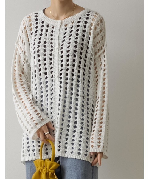 Re:EDIT（リエディ）の「2WAYメッシュ編みニットカーディガン（カーディガン/ボレロ・レディース・ブラック/オフホワイト/オレンジ・MEDIUM）」の7枚目の写真