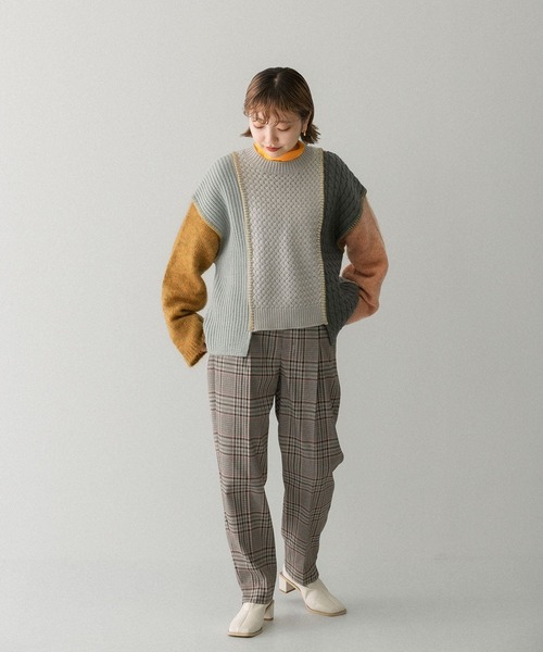 knit brary パッチワークセーター M ネイビー系 ホールニットセーター - ネイビーブルー／ボーダー - レディース