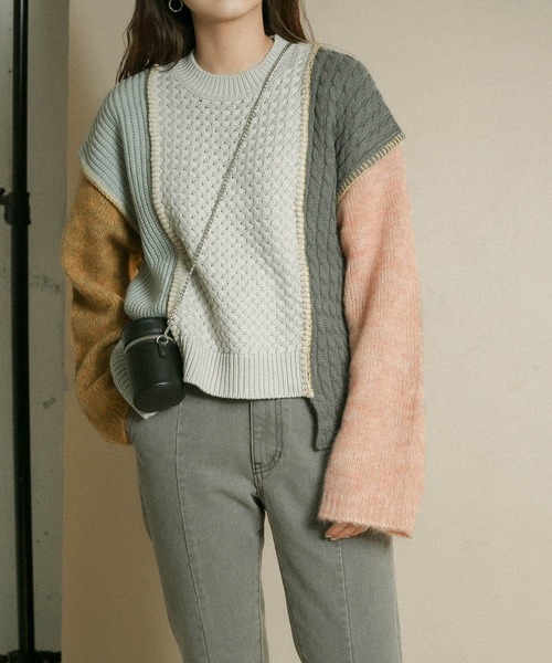 KBF - 新品▷KBF＊ケーブルパッチワークニット   オフ クーポン】【MAGASEEK/dfashion限定カラー】ケーブルパッチ