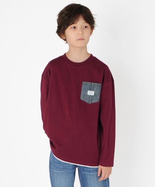 GLAZOS（グラソス）の「天竺・ドロップショルダーデニムポケットレイヤード長袖Ｔシャツ（Tシャツ/カットソー・キッズ・アイボリー/ブラック/エンジ/グレー・140cm/150cm/170cm/130cm/160cm）」の4枚目の写真