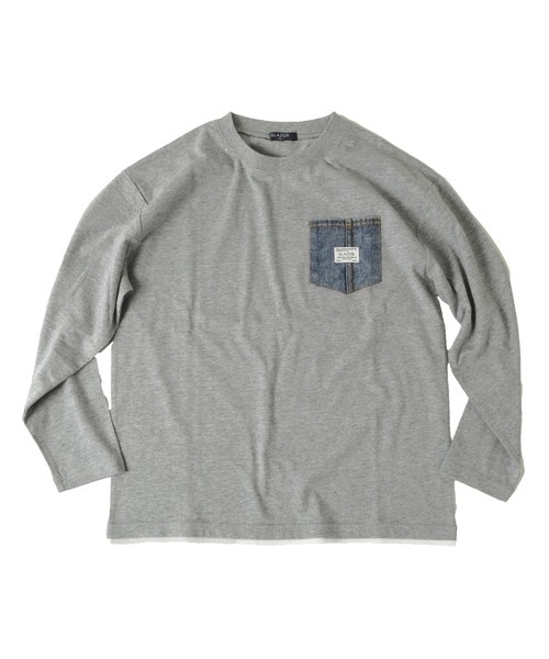 GLAZOS（グラソス）の「天竺・ドロップショルダーデニムポケットレイヤード長袖Ｔシャツ（Tシャツ/カットソー・キッズ・アイボリー/ブラック/エンジ/グレー・140cm/150cm/170cm/130cm/160cm）」の3枚目の写真
