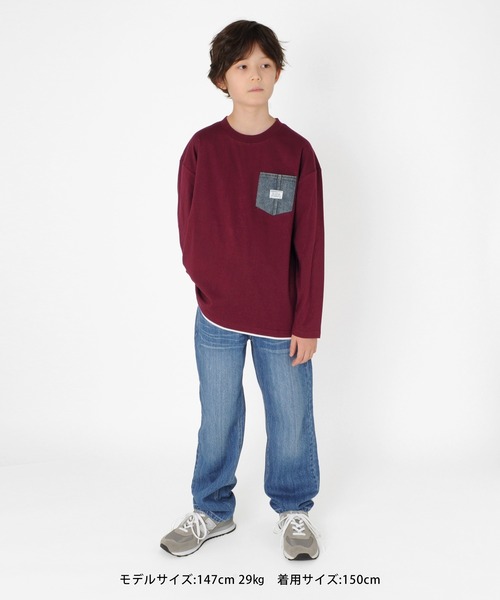 GLAZOS（グラソス）の「天竺・ドロップショルダーデニムポケットレイヤード長袖Ｔシャツ（Tシャツ/カットソー・キッズ・アイボリー/ブラック/エンジ/グレー・140cm/150cm/170cm/130cm/160cm）」の14枚目の写真