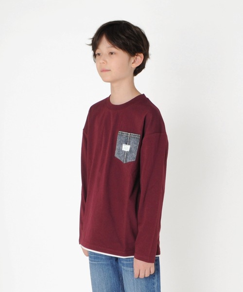 GLAZOS（グラソス）の「天竺・ドロップショルダーデニムポケットレイヤード長袖Ｔシャツ（Tシャツ/カットソー・キッズ・アイボリー/ブラック/エンジ/グレー・140cm/150cm/170cm/130cm/160cm）」の8枚目の写真