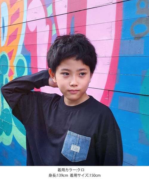 GLAZOS（グラソス）の「天竺・ドロップショルダーデニムポケットレイヤード長袖Ｔシャツ（Tシャツ/カットソー・キッズ・アイボリー/ブラック/エンジ/グレー・140cm/150cm/170cm/130cm/160cm）」の16枚目の写真