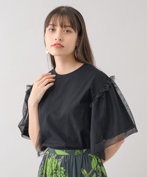 Paradise Picnic（パラダイスピクニック）の「she mo shelly チュール袖Tシャツ（Tシャツ/カットソー・レディース・ブラック/ホワイト/グリーン・FREE）」の2枚目の写真