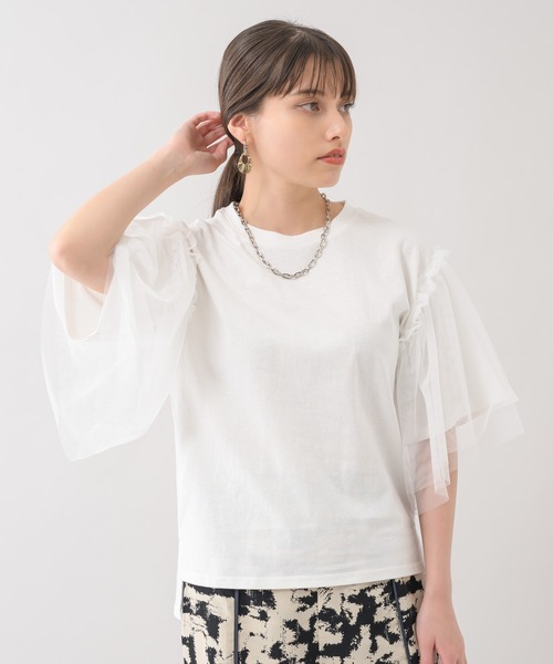 Paradise Picnic（パラダイスピクニック）の「she mo shelly チュール袖Tシャツ（Tシャツ/カットソー・レディース・ブラック/ホワイト/グリーン・FREE）」の16枚目の写真