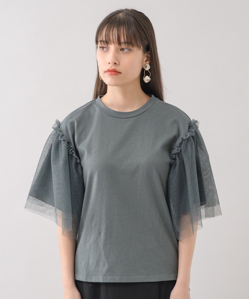 Paradise Picnic（パラダイスピクニック）の「she mo shelly チュール袖Tシャツ（Tシャツ/カットソー・レディース・ブラック/ホワイト/グリーン・FREE）」の6枚目の写真