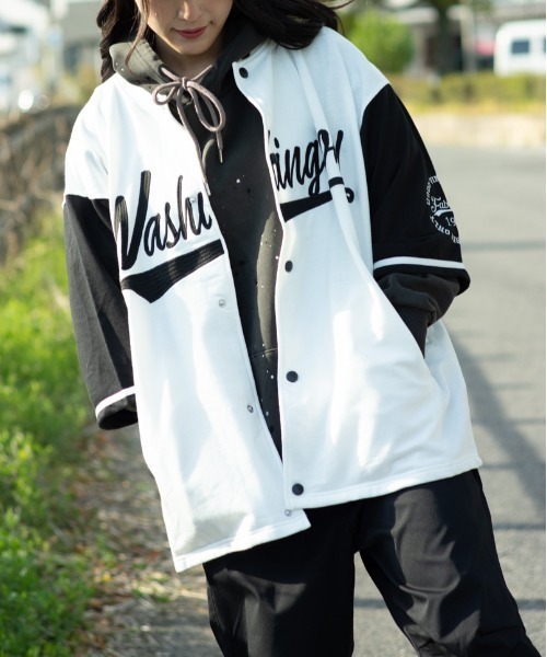 SUGGESTION（サジェッション）の「SUGGESTION ワイドシルエット ロゴ 半袖スタジャン（スタジャン・メンズ・ホワイト/グリーン/ネイビー/ブラック・M/L）」の15枚目の写真