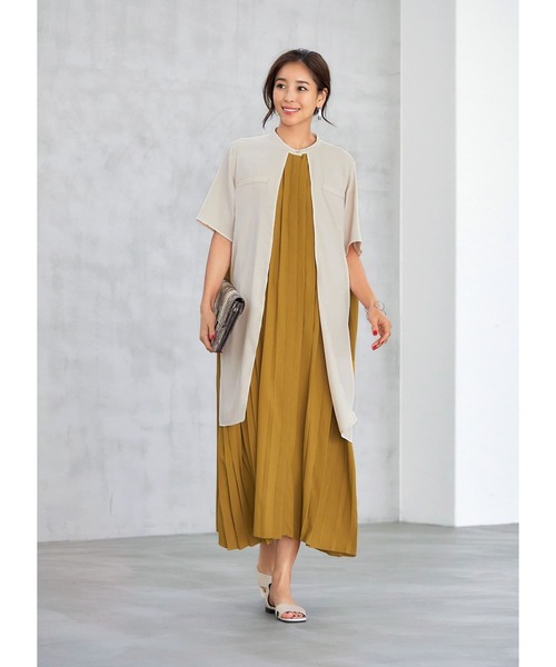 STYLE DELI（スタイルデリ）の「【LUXE】配色レイヤードプリーツワンピース（ワンピース・レディース・グリーン/マスタード・01/02）」の2枚目の写真