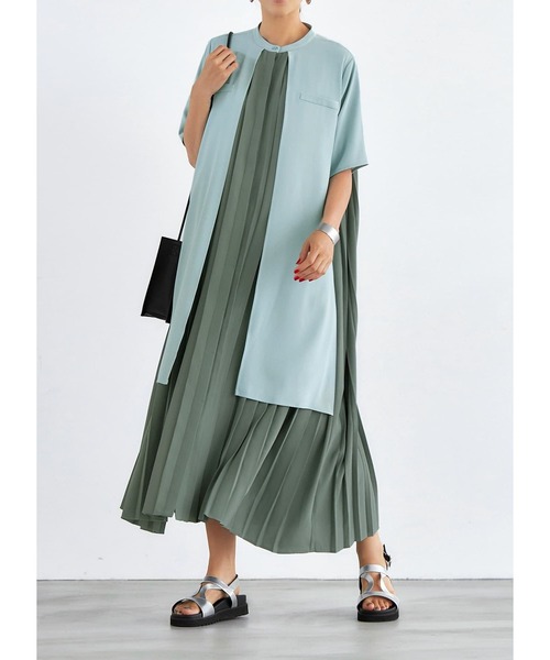 STYLE DELI（スタイルデリ）の「【LUXE】配色レイヤードプリーツワンピース（ワンピース・レディース・グリーン/マスタード・01/02）」の9枚目の写真