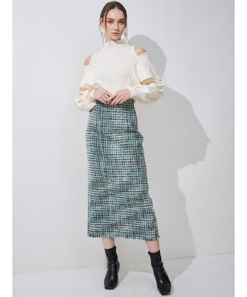 MERCURYDUO（マーキュリーデュオ）の「ヘムフリンジツイードタイトスカート（スカート・レディース・ブラック/アイボリー/グリーン・SMALL/MEDIUM）」の9枚目の写真