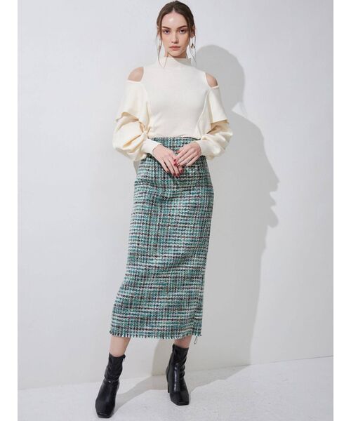 MERCURYDUO（マーキュリーデュオ）の「ヘムフリンジツイードタイトスカート（スカート・レディース・ブラック/アイボリー/グリーン・SMALL/MEDIUM）」の4枚目の写真