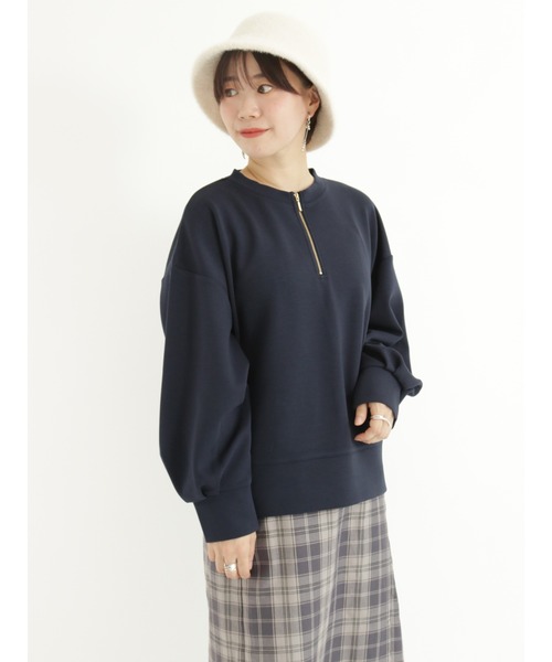 Te chichi TERRASSE(テチチテラス)の「ダンボールノーカラーハーフジップトップス(Tシャツ/カットソー・レディース・ネイビー/グレー/オフホワイト・フリ-)」の3枚目の写真
