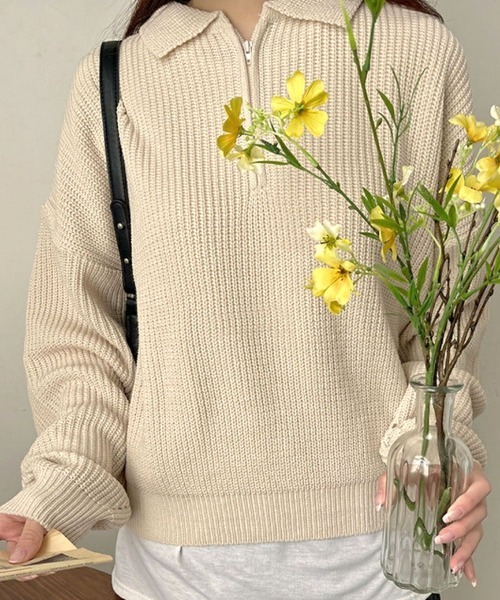 Dalfwin(ダールフィン)の「ハーフジッププルオーバーニット(ニット/セーター・レディース・ベージュ/ネイビー/グレー/イエロー/ピンク・FREE)」の7枚目の写真