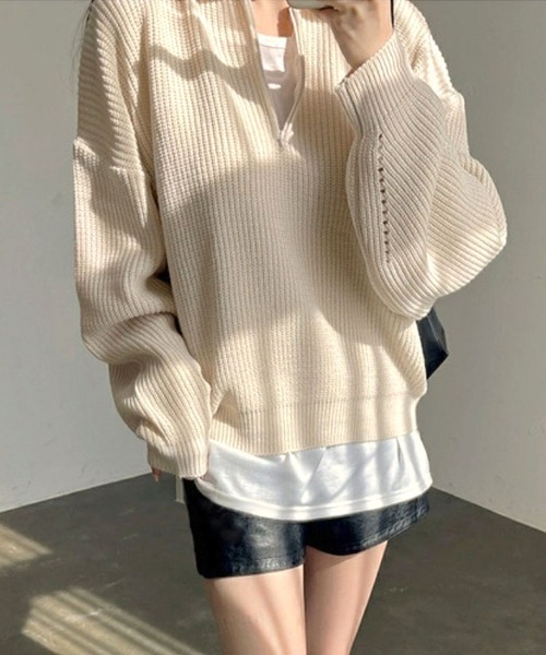 Dalfwin(ダールフィン)の「ハーフジッププルオーバーニット(ニット/セーター・レディース・ベージュ/ネイビー/グレー/イエロー/ピンク・FREE)」の10枚目の写真