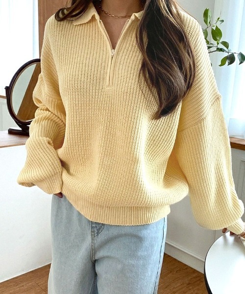 Dalfwin(ダールフィン)の「ハーフジッププルオーバーニット(ニット/セーター・レディース・ベージュ/ネイビー/グレー/イエロー/ピンク・FREE)」の14枚目の写真