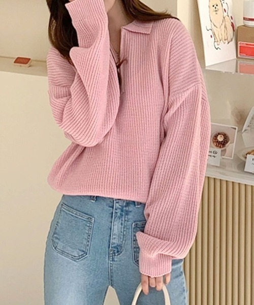 Dalfwin(ダールフィン)の「ハーフジッププルオーバーニット(ニット/セーター・レディース・ベージュ/ネイビー/グレー/イエロー/ピンク・FREE)」の8枚目の写真