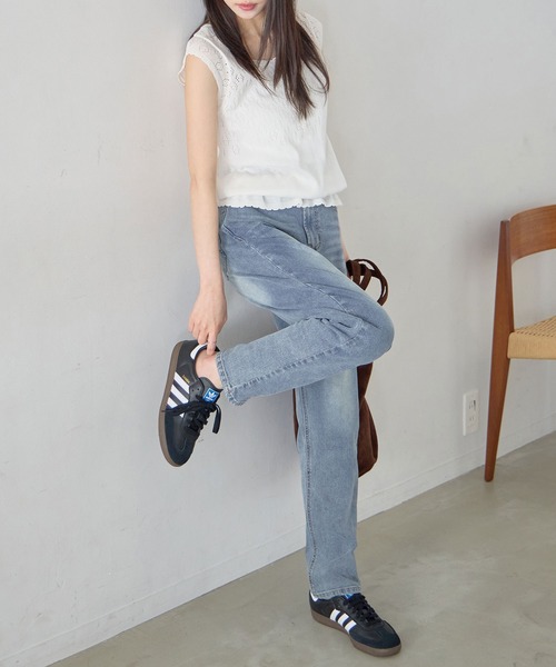 CHAN ME（チャンミ）の「テーパードデニムパンツ（デニムパンツ・レディース・ホワイト/ダークネイビー/インディゴブルー/ブルー/ブラック系その他/ブラック/ライトブルー/サックスブルー・SMALL/MEDIUM/LARGE/X-LARGE/X-SMALL）」の15枚目の写真