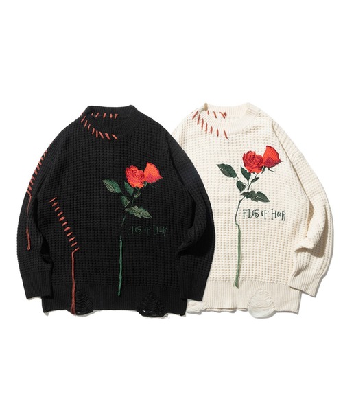 HOOK(フック)の「HOOK -original- ワッフル編み手縫いステッチバラ刺繍ニット風スウェット(スウェット・メンズ・ライトベージュ/ブラック・M/L/XL)」の4枚目の写真
