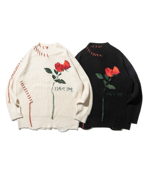 HOOK(フック)の「HOOK -original- ワッフル編み手縫いステッチバラ刺繍ニット風スウェット(スウェット・メンズ・ライトベージュ/ブラック・M/L/XL)」の5枚目の写真